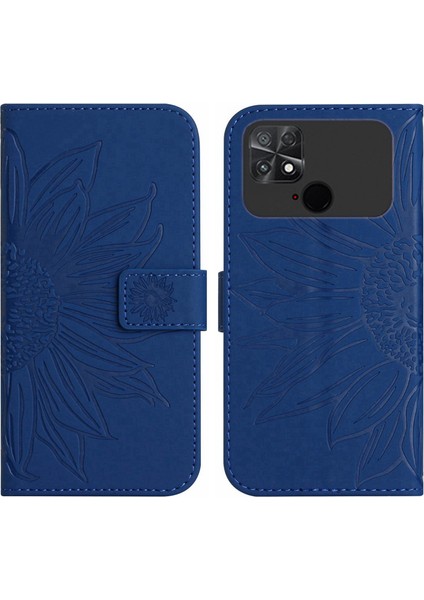 Xiaomi Için Poco C40 4g HT04 Cilt Touch Ayçiçeği Baskılı Pu Deri Katlanabilir Stand Kılıfı Tam Koruma Telefon Cüzdan Kapağı Omuz Kayışı Sapfire (Yurt Dışından)