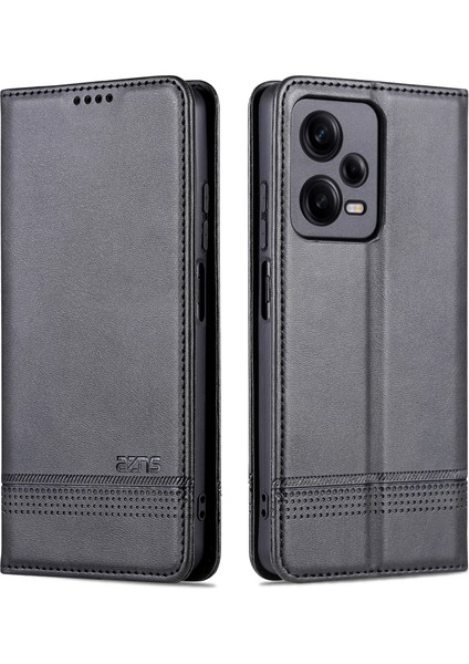 Xiaomi Redmi Için Note 12 Pro+ 5g Cowhide Doku Pu Deri Kılıf Manyetik Otomatik Absorbed Stand Cüzdan Telefon Kapağı-Siyah (Yurt Dışından)