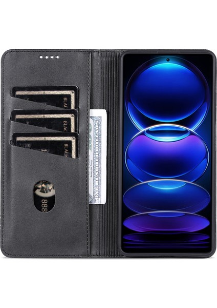 Xiaomi Redmi Için Note 12 Pro+ 5g Cowhide Doku Pu Deri Kılıf Manyetik Otomatik Absorbed Stand Cüzdan Telefon Kapağı-Siyah (Yurt Dışından)