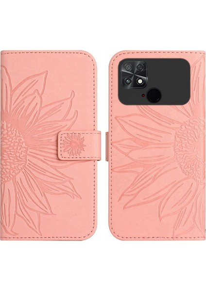 Xiaomi Için Poco C40 4g HT04 Cilt Touch Ayçiçeği Baskılı Pu Deri Katlanabilir Stand Kılıfı Tam Koruma Telefon Cüzdan Kapağı Omuz Kayış Işık Pembe (Yurt Dışından)