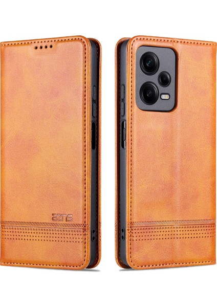 Xiaomi Redmi Için Note 12 Pro+ 5g Cowhide Doku Pu Deri Kılıf Manyetik Otomatik Absorbed Stand Cüzdan Telefon Kapağı-Kahverengi (Yurt Dışından)