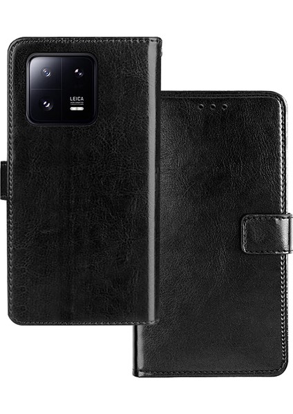 Xiaomi 13 5g Çılgın At Dokusu Pu Deri Stand Cüzdan Kapağı Manyetik Toka Telefon Kılıfı-Siyah (Yurt Dışından)
