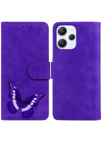 Xiaomi Redmi Için 12 4g Kelebek Baskı Telefon Cüzdanı Pu Deri Stand Kapağı-Mor (Yurt Dışından)