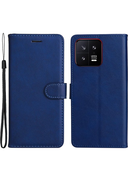 Xiaomi 13 5g Düz Renkli Telefon Standı Pu Deri Cüzdan Kapağı Kayışlı-Mavi (Yurt Dışından)