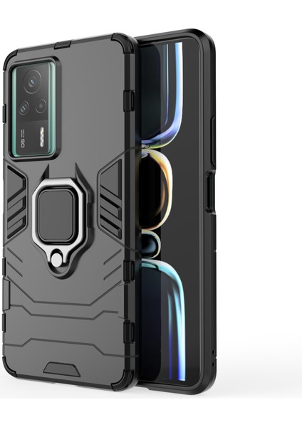 Xiaomi Redmi K60E 5g Için Tpu+Pc Telefon Kılıfı Kararlı Yüzük Tutucu Kickstand Shockproof Cover Shell-Siyah (Yurt Dışından)