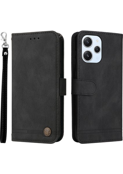Xiaomi Redmi Için 12 4g Cilt Touch Pu Deri Kılıf Baskılı Çizgiler Stand Cüzdan Telefon Kapağı-Siyah (Yurt Dışından)