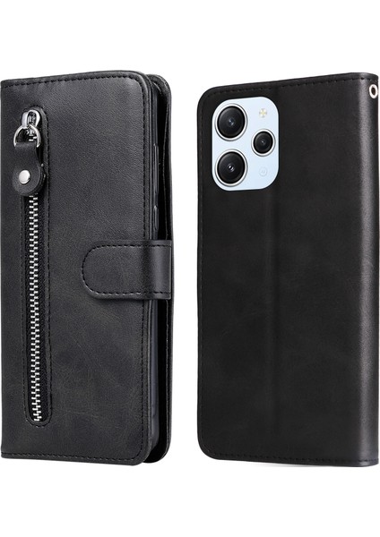 Xiaomi Redmi Için 12 4g Buzağı Doku Telefon Kılıfı Koşul Anti-Çizgi Zipper Cep Cüzdanı Katlanabilir Stand Telefon Kapağı-Siyah (Yurt Dışından)