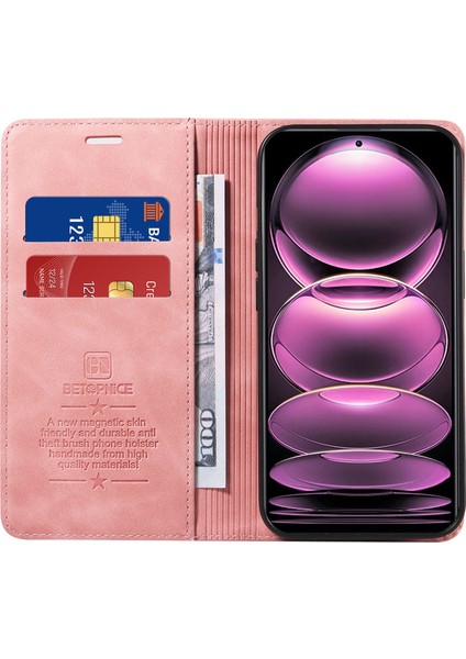 Xiaomi Redmi Için Note 12 Pro+ 5g/note 12 Explorer 5g Cüzdan Deri Kılıf Rfıd Engelleme Telefon Kapağı-Pembe (Yurt Dışından)