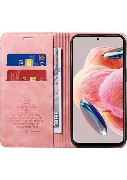 Xiaomi Için Redmi Note 12 4g Rfıd Engelleme Telefon Cüzdan Kılıf Deri Deri Stand Kapak Pembe (Yurt Dışından)