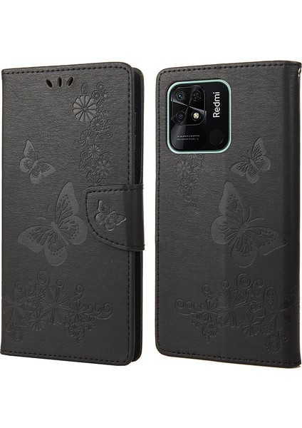 Xiaomi Redmi Için 10C Pu Deri Kelebek Çiçeği Baskılı Kılıf Stand Cüzdan Koruyucu Telefon Kapağı Strap-Black (Yurt Dışından)