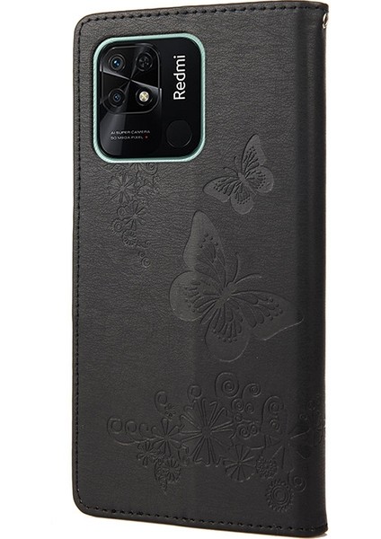 Xiaomi Redmi Için 10C Pu Deri Kelebek Çiçeği Baskılı Kılıf Stand Cüzdan Koruyucu Telefon Kapağı Strap-Black (Yurt Dışından) indirimleri
