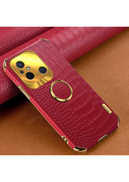 Xiaomi Redmi 12C Için 4g Ring Kickstand Deri Kaplamalı Tpu Anti-Dalgalı Kılıf Timsah Dokusu 6d Elektrküze Telefon Kapak-Kırmızı (Yurt Dışından)