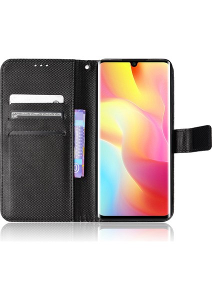 Xiaomi Mi Için Not 10 Lite Elmas Doku Katlama Standı Pu Deri Kılıf Manyetik Kapanma Cüzdan Çizgiye Black ile Kapak Kapağı (Yurt Dışından)