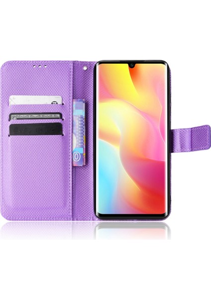 Xiaomi Mi Için Not 10 Lite Elmas Doku Katlama Stand Pu Deri Kılıf Manyetik Kapatma Cüzdan Strap-Purple ile Kapak Kapağı (Yurt Dışından)