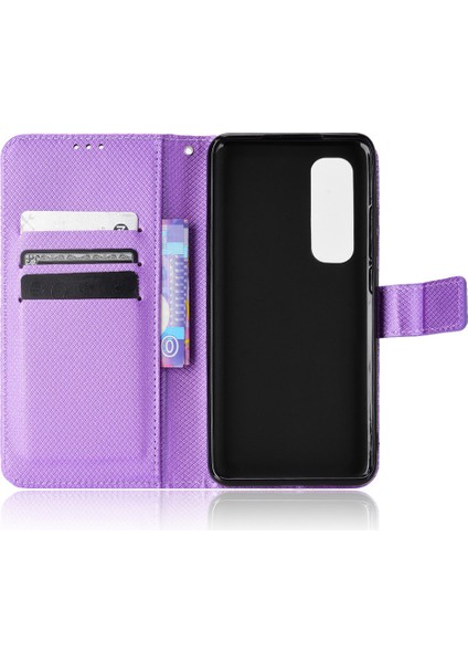 Xiaomi Mi Için Not 10 Lite Elmas Doku Katlama Stand Pu Deri Kılıf Manyetik Kapatma Cüzdan Strap-Purple ile Kapak Kapağı (Yurt Dışından)