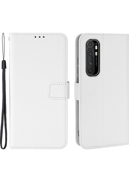 Xiaomi Mi Için Note 10 Lite Elmas Doku Katlama Standı Pu Deri Kılıf Manyetik Kapanma Cüzdan Strap-White ile Kapak Kapağı (Yurt Dışından)