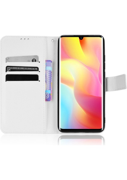Xiaomi Mi Için Note 10 Lite Elmas Doku Katlama Standı Pu Deri Kılıf Manyetik Kapanma Cüzdan Strap-White ile Kapak Kapağı (Yurt Dışından)