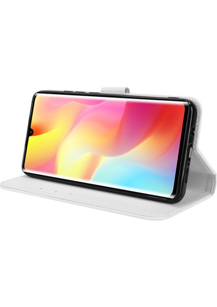 Xiaomi Mi Için Note 10 Lite Elmas Doku Katlama Standı Pu Deri Kılıf Manyetik Kapanma Cüzdan Strap-White ile Kapak Kapağı (Yurt Dışından)