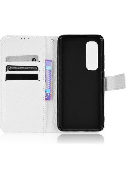 Xiaomi Mi Için Note 10 Lite Elmas Doku Katlama Standı Pu Deri Kılıf Manyetik Kapanma Cüzdan Strap-White ile Kapak Kapağı (Yurt Dışından)