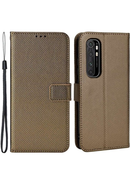 Xiaomi Mi Için Not 10 Lite Elmas Doku Katlama Stand Pu Deri Kılıf Manyetik Kapanma Cüzdan Strap-Brown ile Kapak Kapağı (Yurt Dışından)