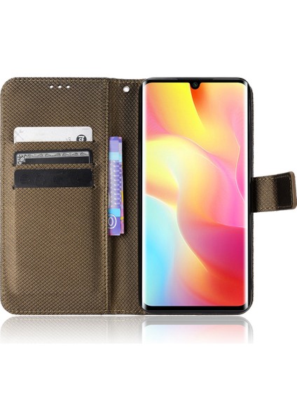 Xiaomi Mi Için Not 10 Lite Elmas Doku Katlama Stand Pu Deri Kılıf Manyetik Kapanma Cüzdan Strap-Brown ile Kapak Kapağı (Yurt Dışından)