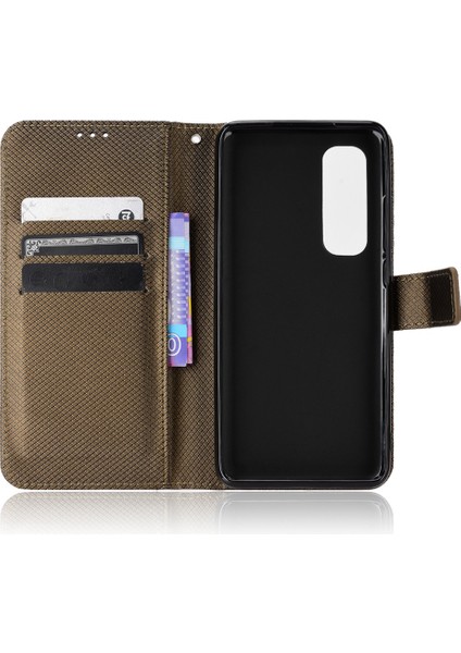 Xiaomi Mi Için Not 10 Lite Elmas Doku Katlama Stand Pu Deri Kılıf Manyetik Kapanma Cüzdan Strap-Brown ile Kapak Kapağı (Yurt Dışından)