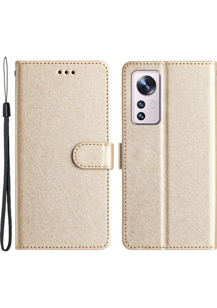 Xiaomi Için 12 Lite 5g Cüzdan Telefon Kılıfı Görüntüleme Stand Ipek Doku Deri Kapak Bilek Kayış-Altın (Yurt Dışından)