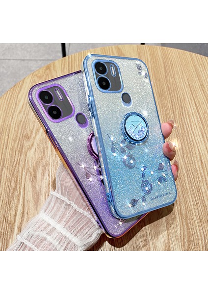 4U Sky Xiaomi Redmi Için Kickstand Shell A1+ 4g/a2+ 4g/poco C50 4g Glitter Gradient Rhinestone Çiçek Tpu Elektraplama Telefon Kılıfı Golü Altın (Yurt Dışından)