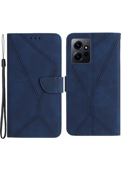 Xiaomi Redmi Için HT05 Pu Deri Telefon Kılıfı Not 12 4g Baskılı Çizgi Cüzdan Stand Cilt-Touch Cover-Blue (Yurt Dışından)