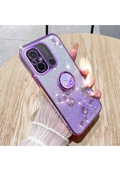 Xiaomi Redmi 12C 4G/11A 4g/poco C55 4g Glitter Gradient Rhinestone Çiçek Tpu Kickstand Kapak-Mor (Yurt Dışından)