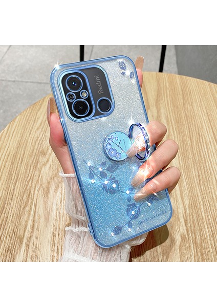 Xiaomi Redmi 12C 4G/11A 4g/poco C55 4g Glitter Gradient Rhinestone Çiçek Tpu Kickstand Kapak-Mor (Yurt Dışından)