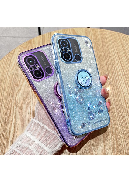 Xiaomi Redmi 12C 4G/11A 4g/poco C55 4g Glitter Gradient Rhinestone Çiçek Tpu Kickstand Kapak-Mor (Yurt Dışından)
