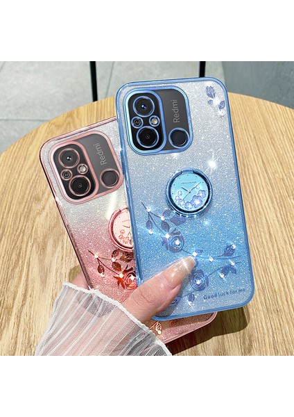 Xiaomi Redmi 12C 4G/11A 4g/poco C55 4g Glitter Gradient Rhinestone Çiçek Tpu Kickstand Kapak-Mor (Yurt Dışından)