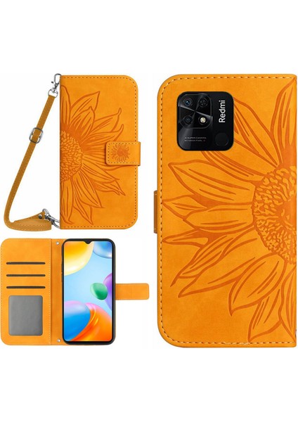 Xiaomi Redmi 10C 4g HT04 Ayçiçeği Baskısı Baskılı Cilt Dokunma Anti-Çizelge Anti-Çizelge Kılıfı Manyetik Toka Pu Deri Cüzdan Kapak Stand Omuz Askısı-Sarı (Yurt Dışından)