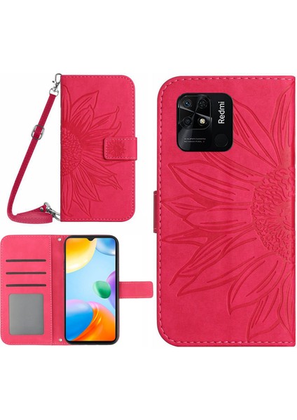 Xiaomi Redmi 10C 4g HT04 Ayçiçeği Baskılı Baskılı Cilt Dokunlu Çizelge Anti-Çizelge Kılıfı Manyetik Toka Pu Deri Cüzdan Kapak Standı Omuz Kayışı Rose (Yurt Dışından)