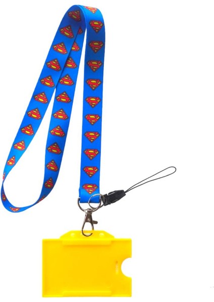 Süpermen Kart Askı Ipi, Yaka Askı Ipi, Boyun Askı ve Telefon Askı Aparatı ve Sarı Yatay Plastik Kartlık,2 cm