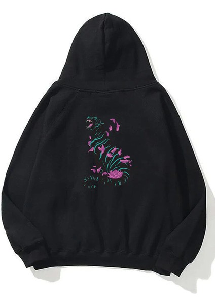 Unisex Black Panter Pembe Yapraklar Ön Arka Baskılı Siyah Sweatshirt Hoodie