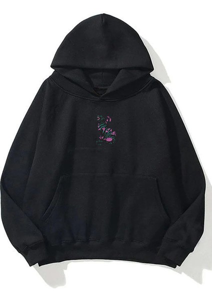 Unisex Black Panter Pembe Yapraklar Ön Arka Baskılı Siyah Sweatshirt Hoodie fiyatları