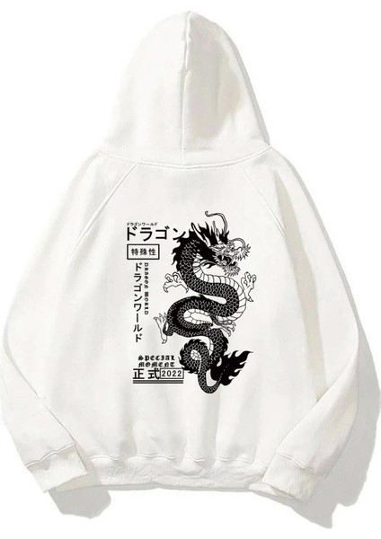 Unisex Anime Men Dragon Ön Arka Baskılı Beyaz Sweatshirt Hoodie