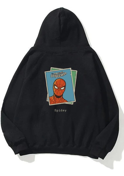 Unisex Spidey Kartlar Ön Arka Baskılı Siyah Sweatshirt Hoodie