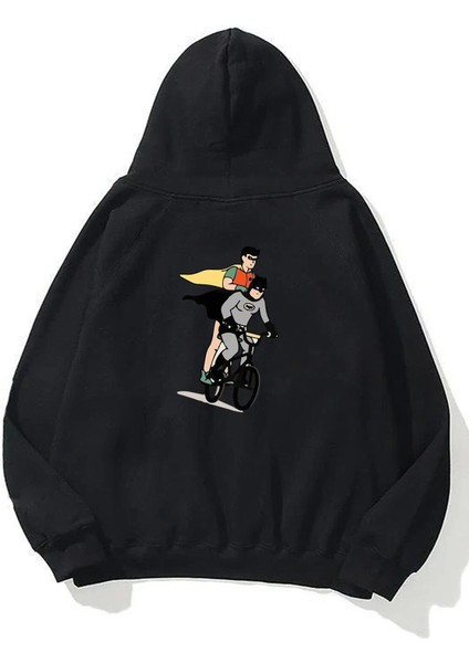 Unisex Batman ve Süperman Ön Arka Baskılı Siyah Sweatshirt Hoodie