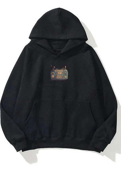 Unisex Eski Radyo Ön Arka Baskılı Siyah Sweatshirt Hoodie fiyatları