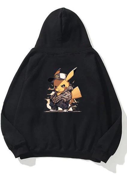 Unisex Pika Pika Pokemon Ön Arka Baskılı Siyah Sweatshirt Hoodie