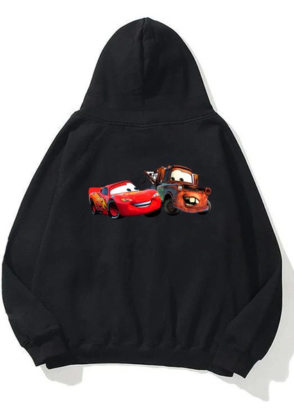 Unisex Şimşek Mcqueen ve Tow Mater Ön Arka Baskılı Siyah Sweatshirt Hoodie
