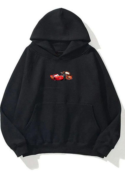 Unisex Şimşek Mcqueen ve Tow Mater Ön Arka Baskılı Siyah Sweatshirt Hoodie fiyatları