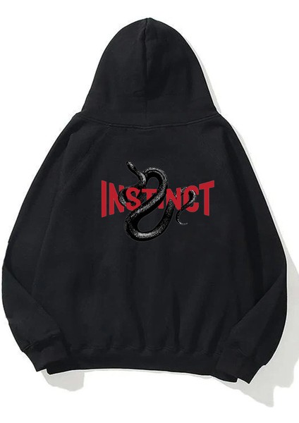 Unisex Instınct, Snake Ön Arka Baskılı Siyah Sweatshirt Hoodie