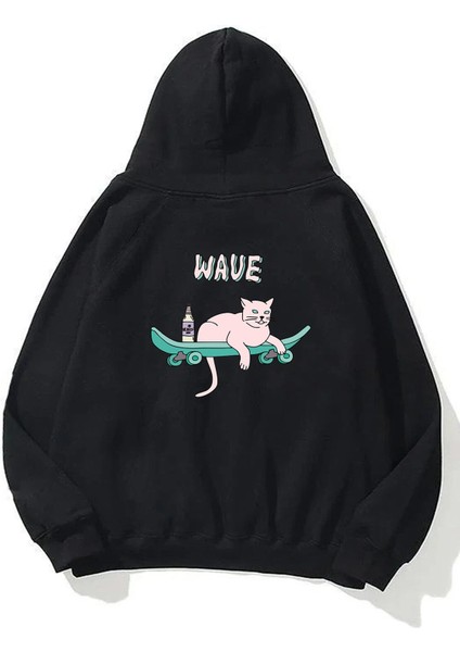 Unisex Wave Cat Ön Arka Baskılı Siyah Sweatshirt Hoodie