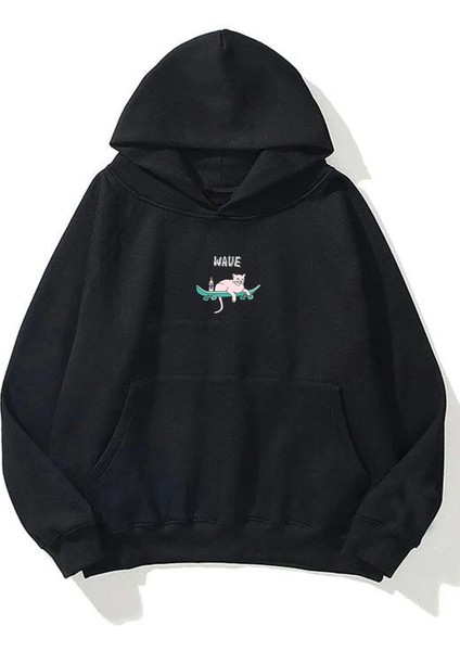 Unisex Wave Cat Ön Arka Baskılı Siyah Sweatshirt Hoodie fiyatları