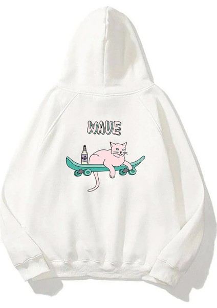 Unisex Wave Cat Ön Arka Baskılı Beyaz Sweatshirt Hoodie