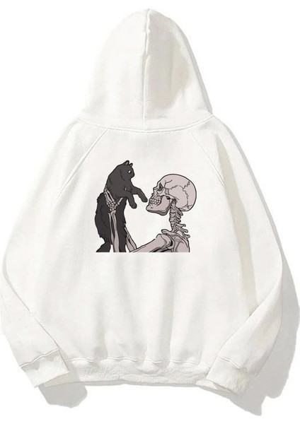 Unisex Skull And Cat Kedi Sevgisi Ön Arka Baskılı Beyaz Sweatshirt Hoodie